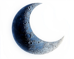 HD close-up of a crescent moon emphasizing its unique textures on a white backdrop.