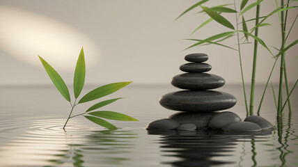 Zen Garden With Stacked Stones And Bamboo Leaves Reflection