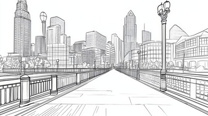 Milwaukee Wisconsin Cityscape Line Art Drawing - Single line drawing of Milwaukee cityscape, symbolizing urban life, architecture, bridges, progress, and community