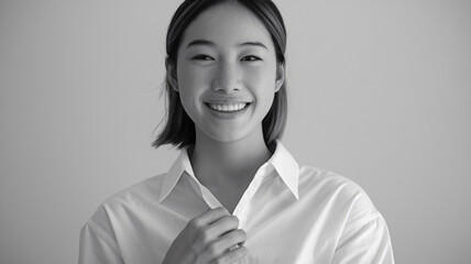 Black and White Portrait of a Smiling Young Asian Woman in a Minimalist Style
