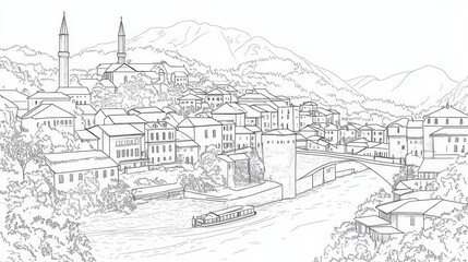 Fototapeta premium Mostar Bosnia Herzegovina Color Page Line Art Drawing - Single line drawing of Mostar, Bosnia and Herzegovina, showcasing a river, bridge, and town architecture. Symbolizing history, travel, culture
