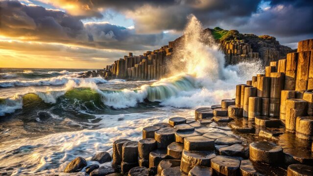 Dramatic coastal landscape with towering basalt columns and wild Atlantic waves crashing against the shore at Giant's Causeway in Northern Ireland , northern ireland, natural wonder - Powered by Adobe