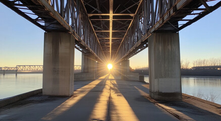 Sunlight illuminates the space beneath the bridge as evening approaches, creating scenic reflections on the river's surface