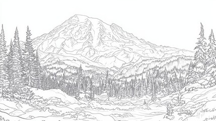 Obraz premium Mount Rainier National Park Line Art Drawing - Majestic mountain, serene forest, flowing river, peaceful valley, detailed line art. Symbolizes nature, tranquility, exploration, beauty, escape