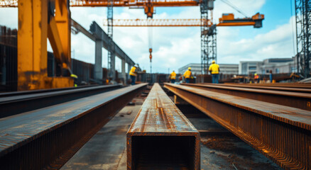 Steel beams stretch across the construction site, while workers and cranes actively engage in building nearby under a clear sky