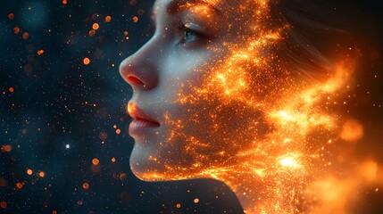 Obraz premium Glowing Portrait of Person Dissolving into Cosmic Stardust Symbolizing Dreams and Spiritual Connection