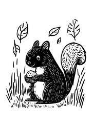 Naklejka premium Charming squirrel gathering acorns in autumn leaves among the grassy meadow with a playful spirit