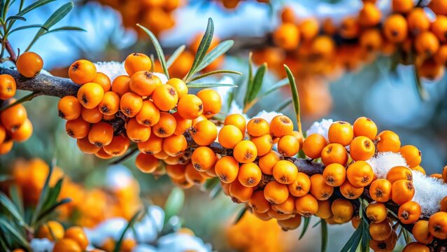 Close-up of vibrant sanddorn berries on a branch in winter, evergreen, flora,  evergreen