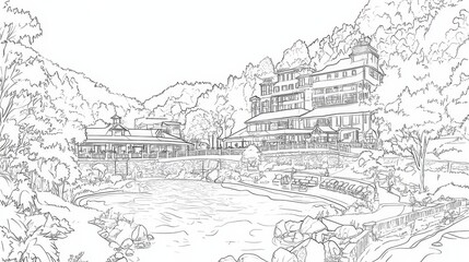Mountain Resort Coloring Page - A serene mountain resort nestled beside a tranquil lake, perfect for coloring and relaxation
