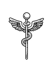 Symbol of healing and care represented by a winged staff entwined with a serpent, signifying medicine and health