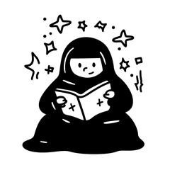 Charming character in black attire happily reads a book surrounded by sparkling stars and whimsical elements