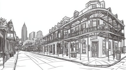 Fototapeta premium New Orleans French Quarter Street Scene Line Art - Single line drawing, coloring page, black and white, New Orleans architecture, French Quarter charm, historic buildings