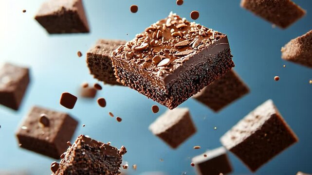 Delicious Chocolate Brownies in mid-air, a delightful treat for chocolate lovers.  A tempting image of rich, decadent brownies.