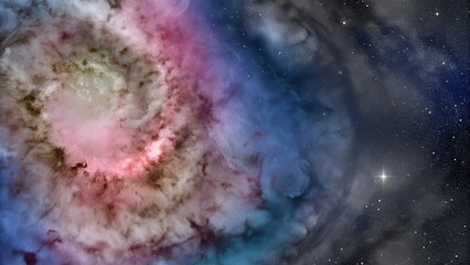 Fototapeta premium Colorful cosmic nebula with swirling clouds and stars against a dark space background and copy space