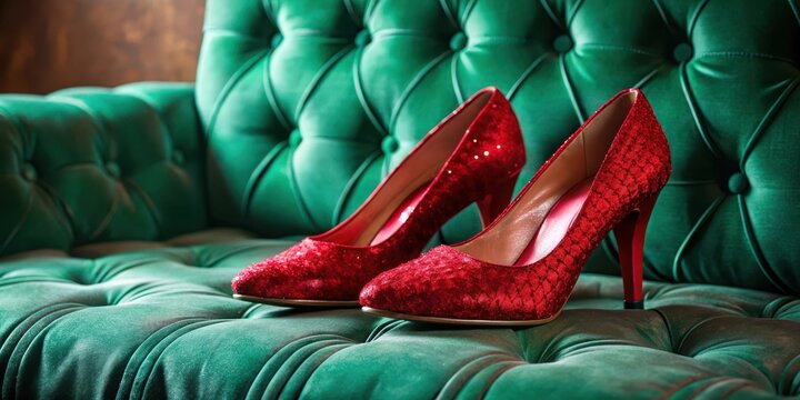Glittering ruby red slippers sitting on a lush emerald green velvet cushion, sophistication, high heel,  sophistication