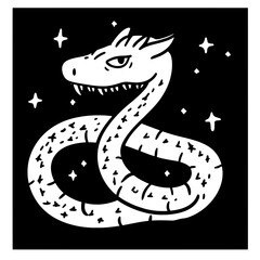 Illustration of a mythical serpent coiling among twinkling stars on a dark background