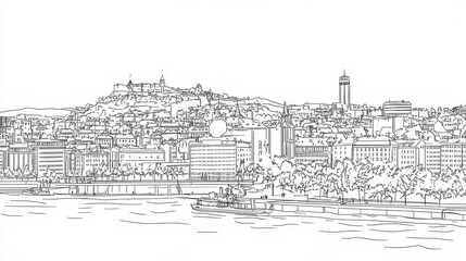 Fototapeta premium Oslo Norway Cityscape Line Drawing - Single line drawing of Oslo, Norway, symbolizing urban landscape, architecture, water, hills, and city life. A coloring page for adults
