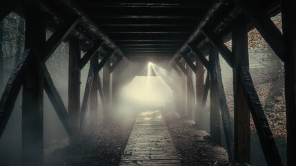 Obraz premium Mystical Foggy Bridge: A Serene Path Through the Woods