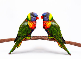 Naklejka premium Colorful lory parrots on a white background. Bright plumage, exotic birds isolated on a clean background, close-up.