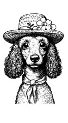 Fototapeta premium Charming dog with a stylish hat and flower, revealing a playful personality in a delightful artistic portrayal