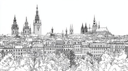 Fototapeta premium Prague Skyline Drawing - Detailed black and white line drawing of the Prague cityscape, showcasing its iconic architecture and charming buildings