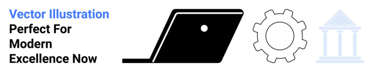 Laptop angled open, gear, and building icons combine technology, industry, and institutions. Ideal for innovation, business, education, governance creativity process optimization futuristic