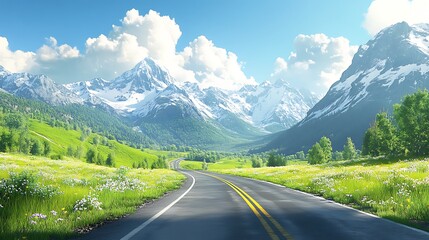 Fototapeta premium Scenic road winding through vibrant green valley and majestic snow-capped mountains under a bright sunny sky.