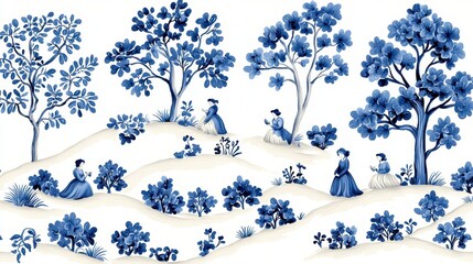 Blue and Beige Landscape Design with Figures and Trees