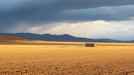 A dry cracked landscape stretches wide with a lone hut in the distance, illuminated by dramatic lighting, evoking a strong sense of isolation