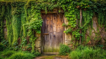 Weathered wooden door with vines and moss growing on it, surrounded by overgrown vegetation in a rural setting