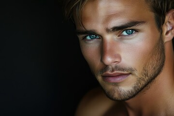 Obraz premium Close-up portrait of a handsome man with intense blue eyes and stubble. Ideal for beauty, fashion, and male grooming projects.