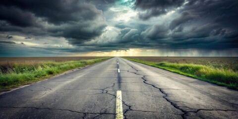 Obraz premium A long, cracked asphalt road stretches towards a dramatic, stormy sky, promising adventure and uncertainty ahead
