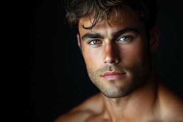 Fototapeta premium Close-up portrait of a handsome man with intense green eyes and a short beard. Ideal for fashion, beauty, or male model websites.