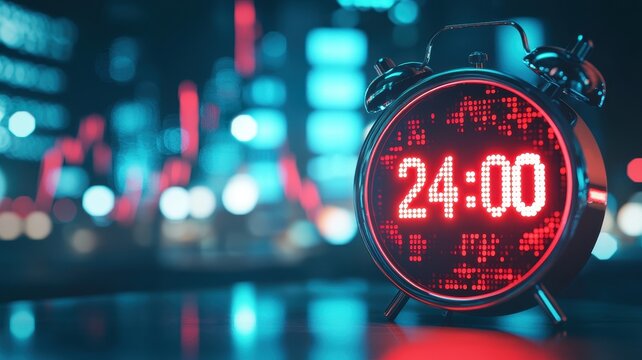 Digital Alarm Clock Showing 24 00 Midnight Cityscape Background Time Concept