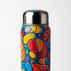 Fototapeta premium Captivating close-up of a thermos flask featuring vibrant patterns against a white backdrop.