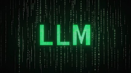 Fototapeta premium LLM Acronym in Green LED Lights on Digital Binary Code Background