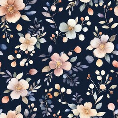 Elegant Watercolor Floral Seamless Pattern Delicate Blush Pink Peach and Blue Flowers on Dark Navy