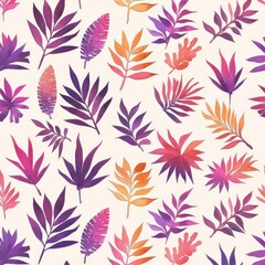 Vibrant Watercolor Tropical Leaves Seamless Pattern Exotic Floral Design Purple Orange Pink Foliage