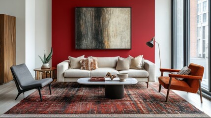 A chic living room features a plush white sofa adorned with textured pillows, a striking red accent wall, and an eye-catching abstract painting. Stylish furniture enhances the vibrant atmosphere