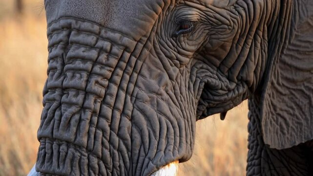 Close-up of an African elephant's head, highlighting its wrinkled skin, wise eye, and impressive tusks in natural habitat