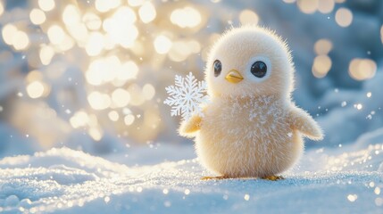 Tiny yellow penguin holding a snowflake in frosty winter landscape with soft bokeh background and sparkling snowflakes
