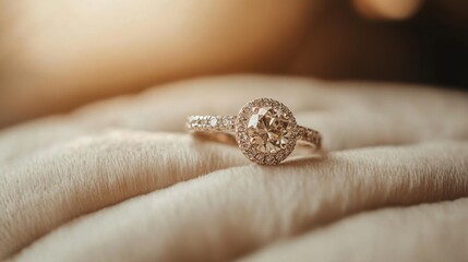 Obraz premium Close-up of Engagement Ring on Soft Beige Cushion