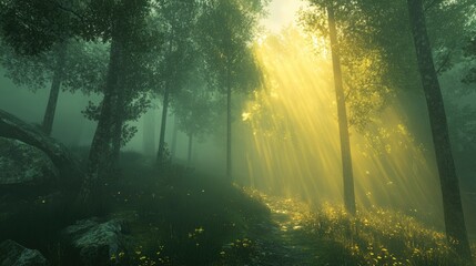 Obraz premium Enchanting Forest Scene with Sunlight Filtering Through Trees and Mist in a Serene Nature Setting