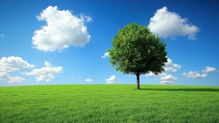 Obraz premium Spacious Open Field with Lush Green Grass and a Lone Tree Under a Bright Blue Sky with Fluffy White Clouds
