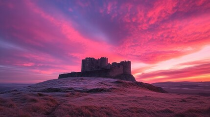 Fototapeta premium Majestic Castle Silhouette Against Vibrant Pink and Purple Sunset Sky Over Serene Landscape