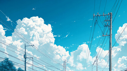 A network of power lines and electric poles set against a blue sky dotted with clouds, representing electrical energy distribution