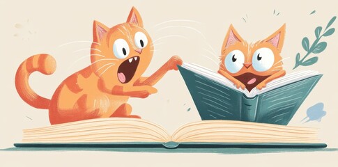 Two orange cats are looking at a book with expressions of surprise
