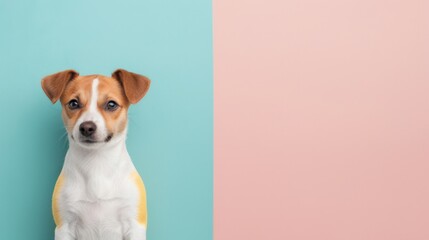 Cute dog sitting against a split pastel background with blue and pink colors, perfect for pet-related designs and promotions.