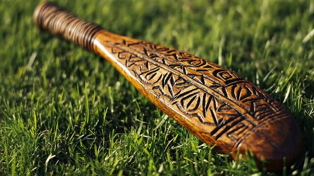 Traditional Hand Carved Wooden Club or Weapon with Intricate Designs Close Up