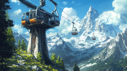 A support pillar equipped with roller wheels and a suspended cable car navigating the breathtaking Alpine terrain